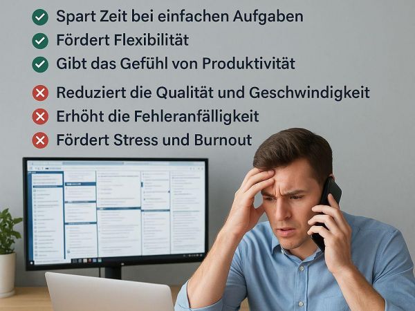 Mann am Schreibtisch, der mehrer Dinge auf einmal tut