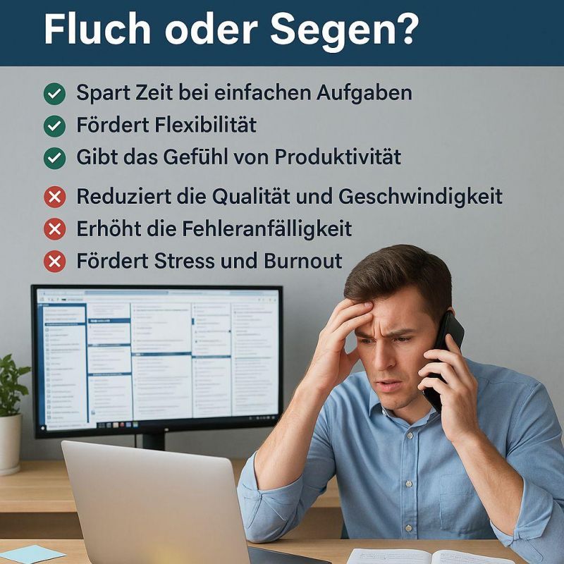 Mann am Schreibtisch, der mehrer Dinge auf einmal tut